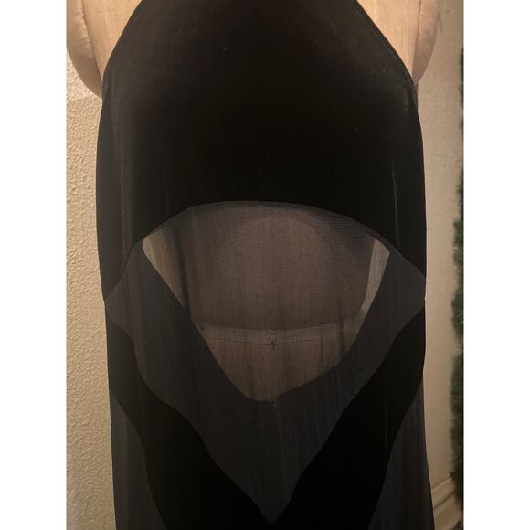 Black Contrast Mesh Velvet Sheer Halter Neck Open Back Flare Leg Jumpsuit Size L - Picture 5 of 13